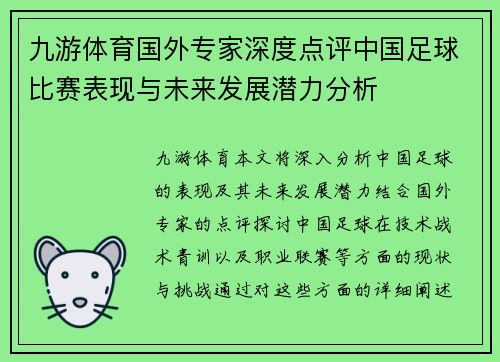 九游体育国外专家深度点评中国足球比赛表现与未来发展潜力分析